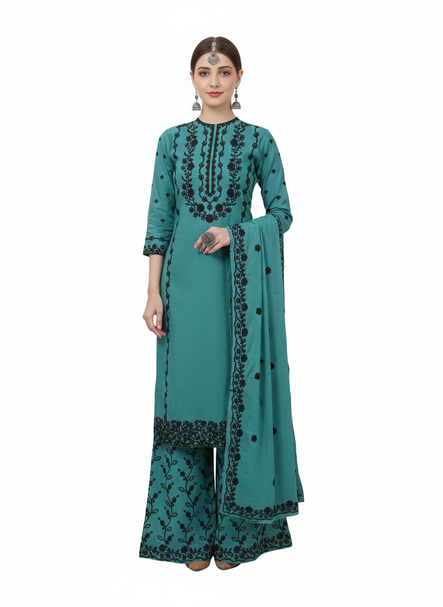 Teal Blue Embroidered 3 Piece Palazzo Suit Set - Elegant Office to Party Wear | Premium Daily Wear Kurta with Black Embroidery