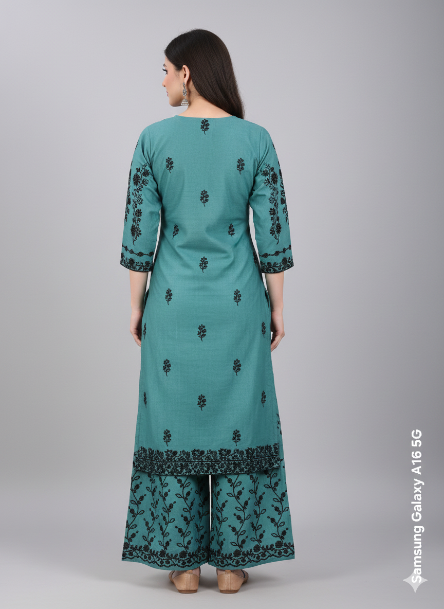 Teal Blue Embroidered 3 Piece Palazzo Suit Set - Elegant Office to Party Wear | Premium Daily Wear Kurta with Black Embroidery