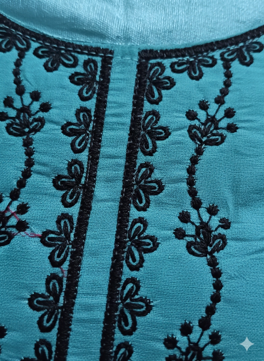 Teal Blue Embroidered 3 Piece Palazzo Suit Set - Elegant Office to Party Wear | Premium Daily Wear Kurta with Black Embroidery