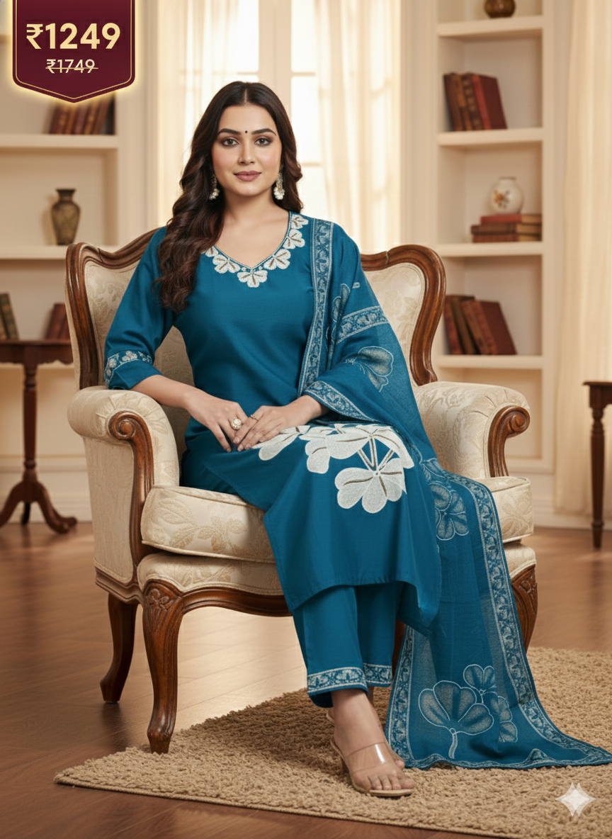 Teal Blue Embroidered 3-Piece Suit for Women – Premium Shirt, Trouser & Dupatta | Elegant Casual & Festive Wear
