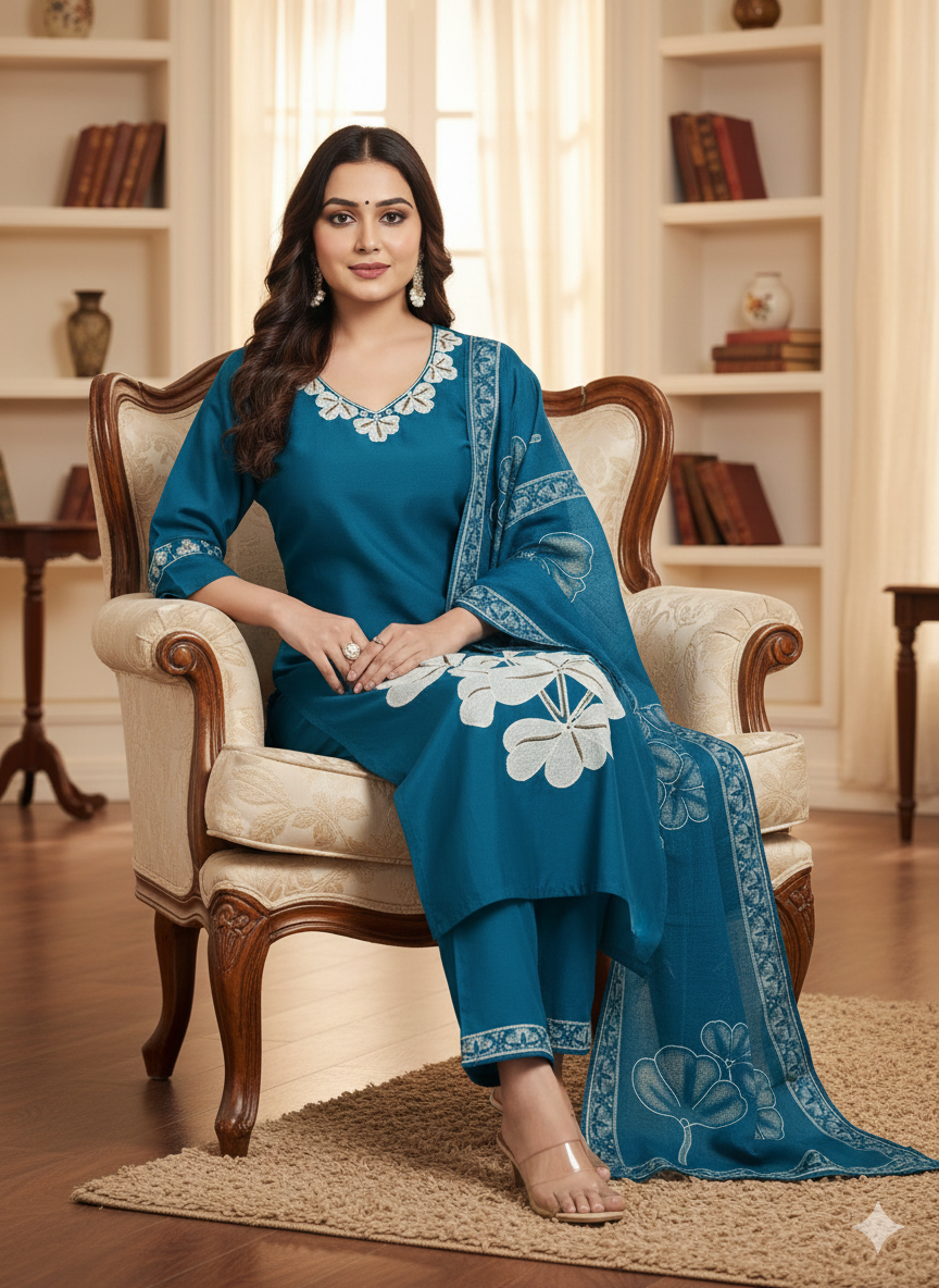 Teal Blue Embroidered 3-Piece Suit for Women – Premium Shirt, Trouser & Dupatta | Elegant Casual & Festive Wear
