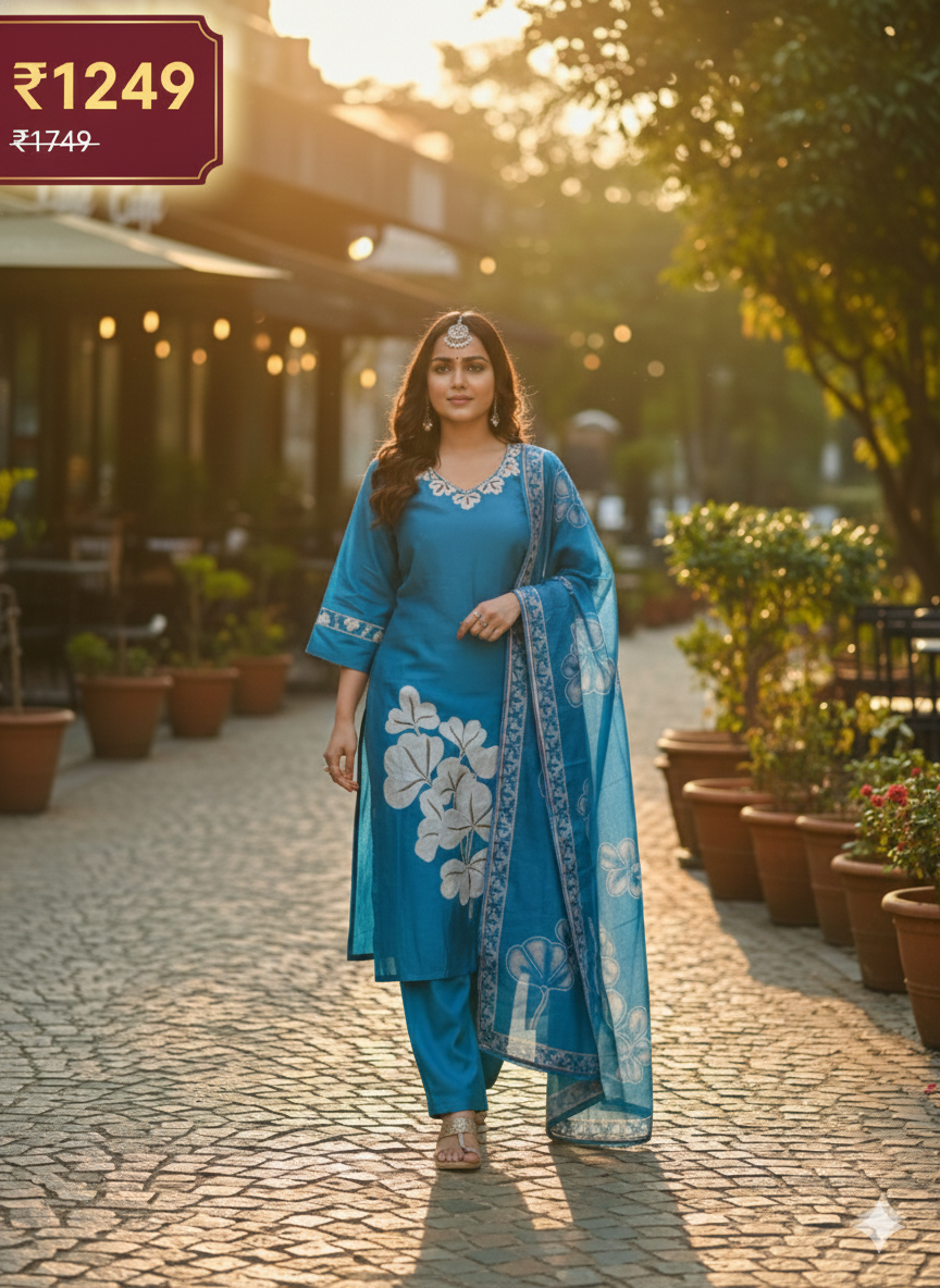 Teal Blue Embroidered 3-Piece Suit for Women – Premium Shirt, Trouser & Dupatta | Elegant Casual & Festive Wear