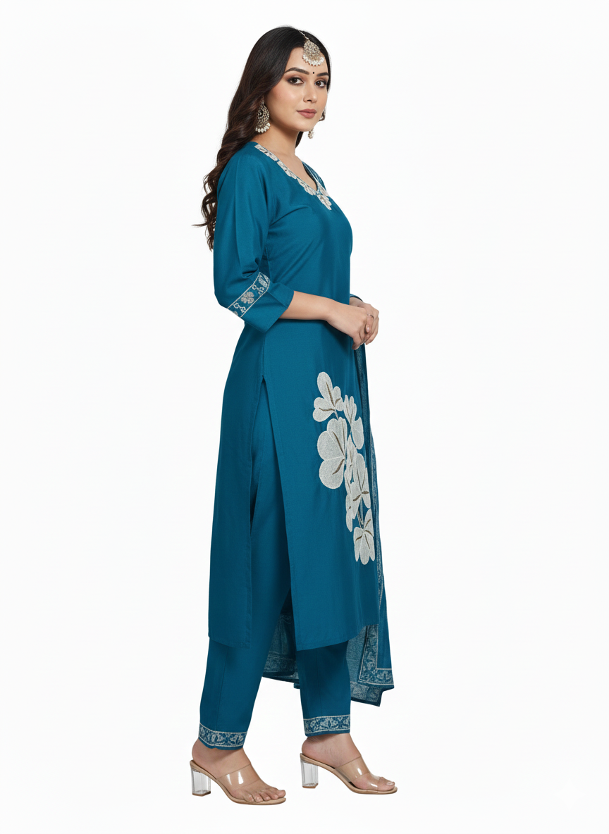 Teal Blue Embroidered 3-Piece Suit for Women – Premium Shirt, Trouser & Dupatta | Elegant Casual & Festive Wear