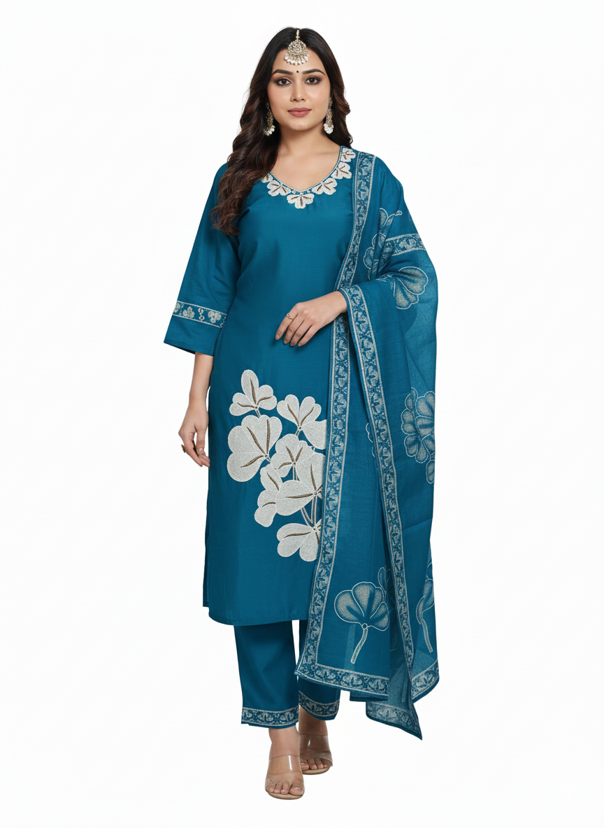Teal Blue Embroidered 3-Piece Suit for Women – Premium Shirt, Trouser & Dupatta | Elegant Casual & Festive Wear