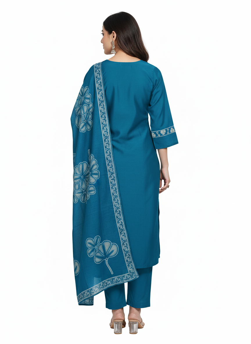 Teal Blue Embroidered 3-Piece Suit for Women – Premium Shirt, Trouser & Dupatta | Elegant Casual & Festive Wear