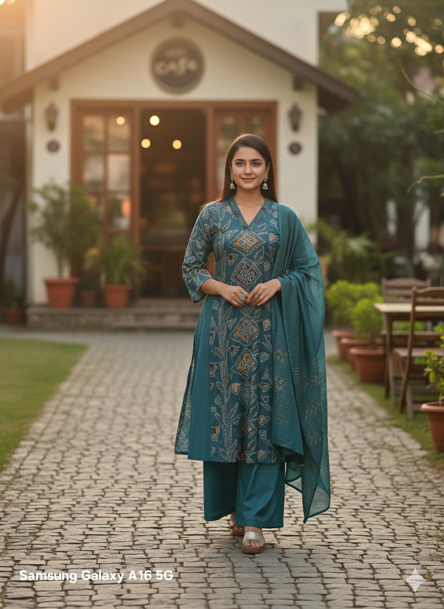 Teal Printed 3-Piece Kurta Set for Women – Premium Cotton Straight Kurti with Palazzo & Dupatta | Elegant Ethnic Wear for Festive & Casual Occasions