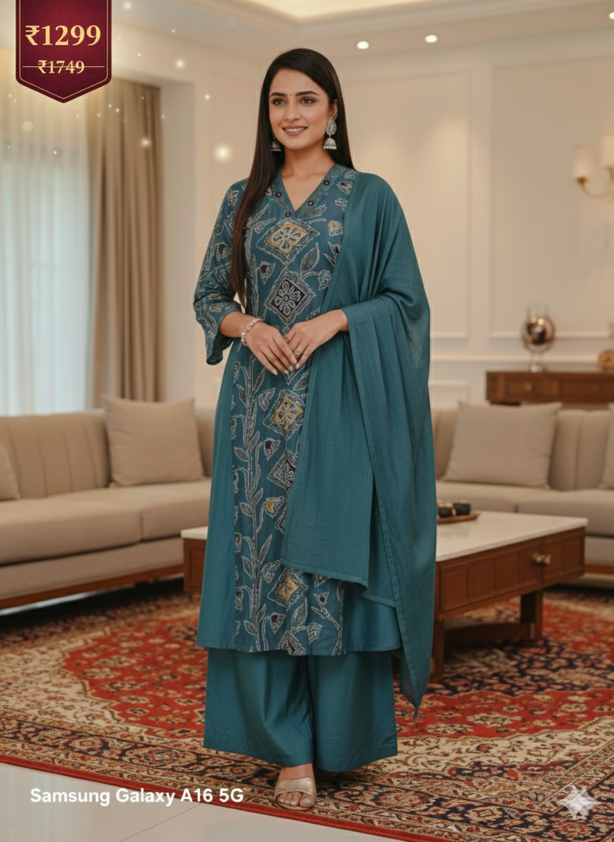 Teal Printed 3-Piece Kurta Set for Women – Premium Cotton Straight Kurti with Palazzo & Dupatta | Elegant Ethnic Wear for Festive & Casual Occasions