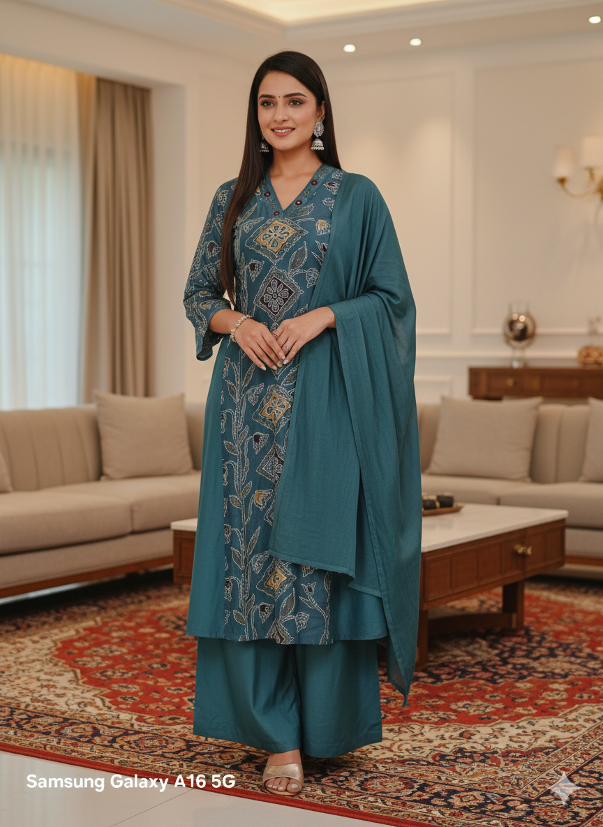 Teal Printed 3-Piece Kurta Set for Women – Premium Cotton Straight Kurti with Palazzo & Dupatta | Elegant Ethnic Wear for Festive & Casual Occasions