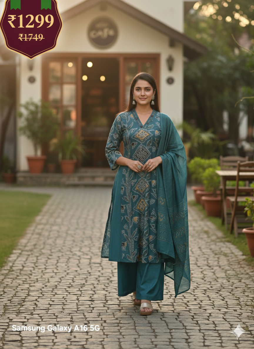 Teal Printed 3-Piece Kurta Set for Women – Premium Cotton Straight Kurti with Palazzo & Dupatta | Elegant Ethnic Wear for Festive & Casual Occasions
