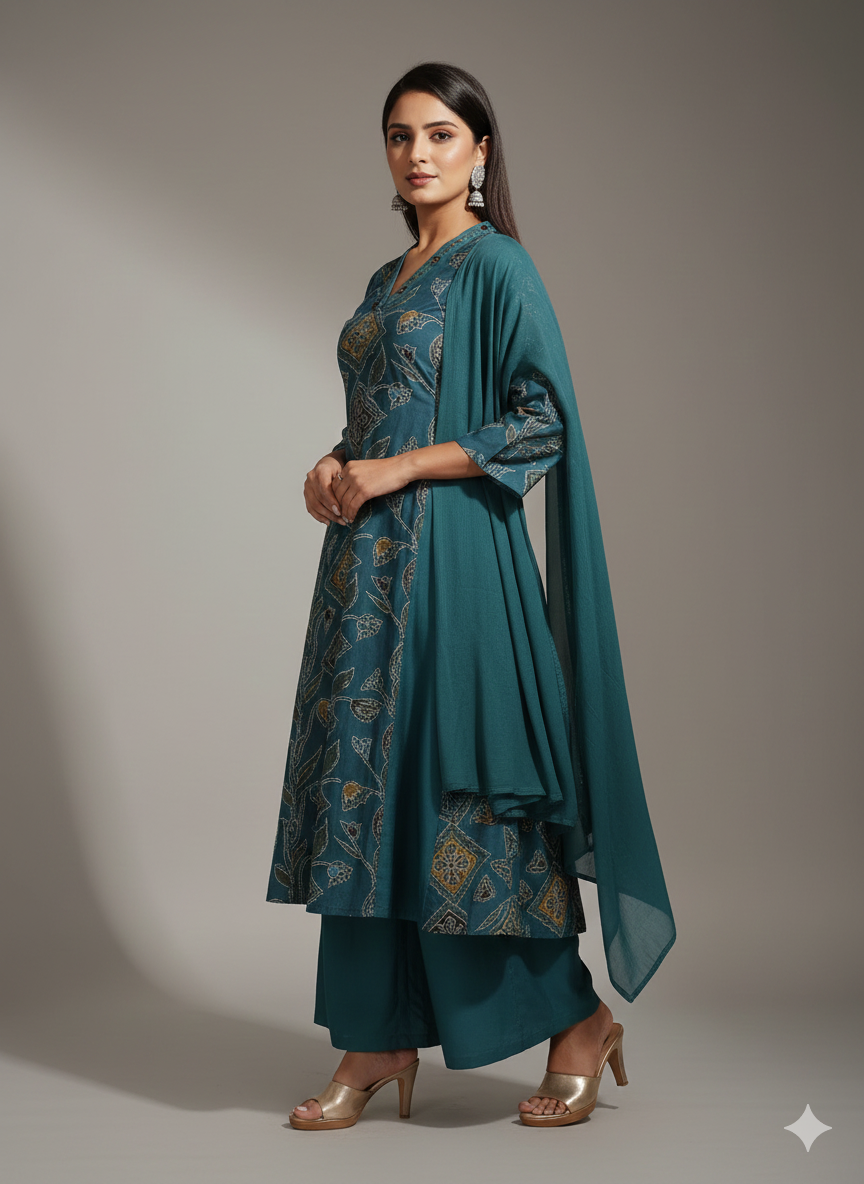 Teal Printed 3-Piece Kurta Set for Women – Premium Cotton Straight Kurti with Palazzo & Dupatta | Elegant Ethnic Wear for Festive & Casual Occasions