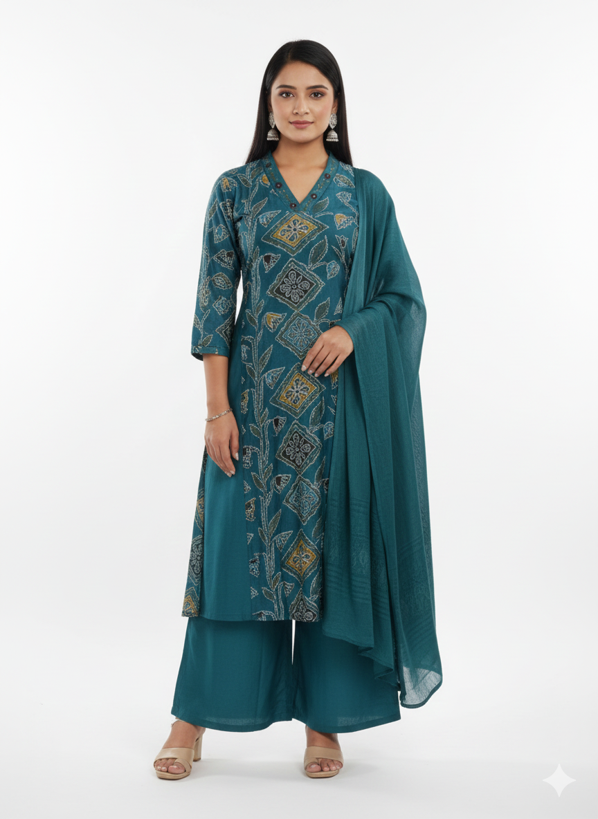 Teal Printed 3-Piece Kurta Set for Women – Premium Cotton Straight Kurti with Palazzo & Dupatta | Elegant Ethnic Wear for Festive & Casual Occasions