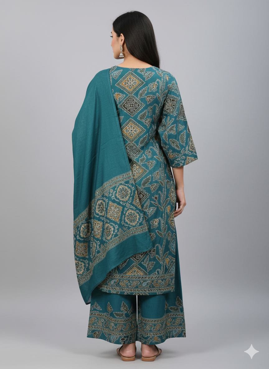 Teal Printed 3-Piece Kurta Set for Women – Premium Cotton Straight Kurti with Palazzo & Dupatta | Elegant Ethnic Wear for Festive & Casual Occasions