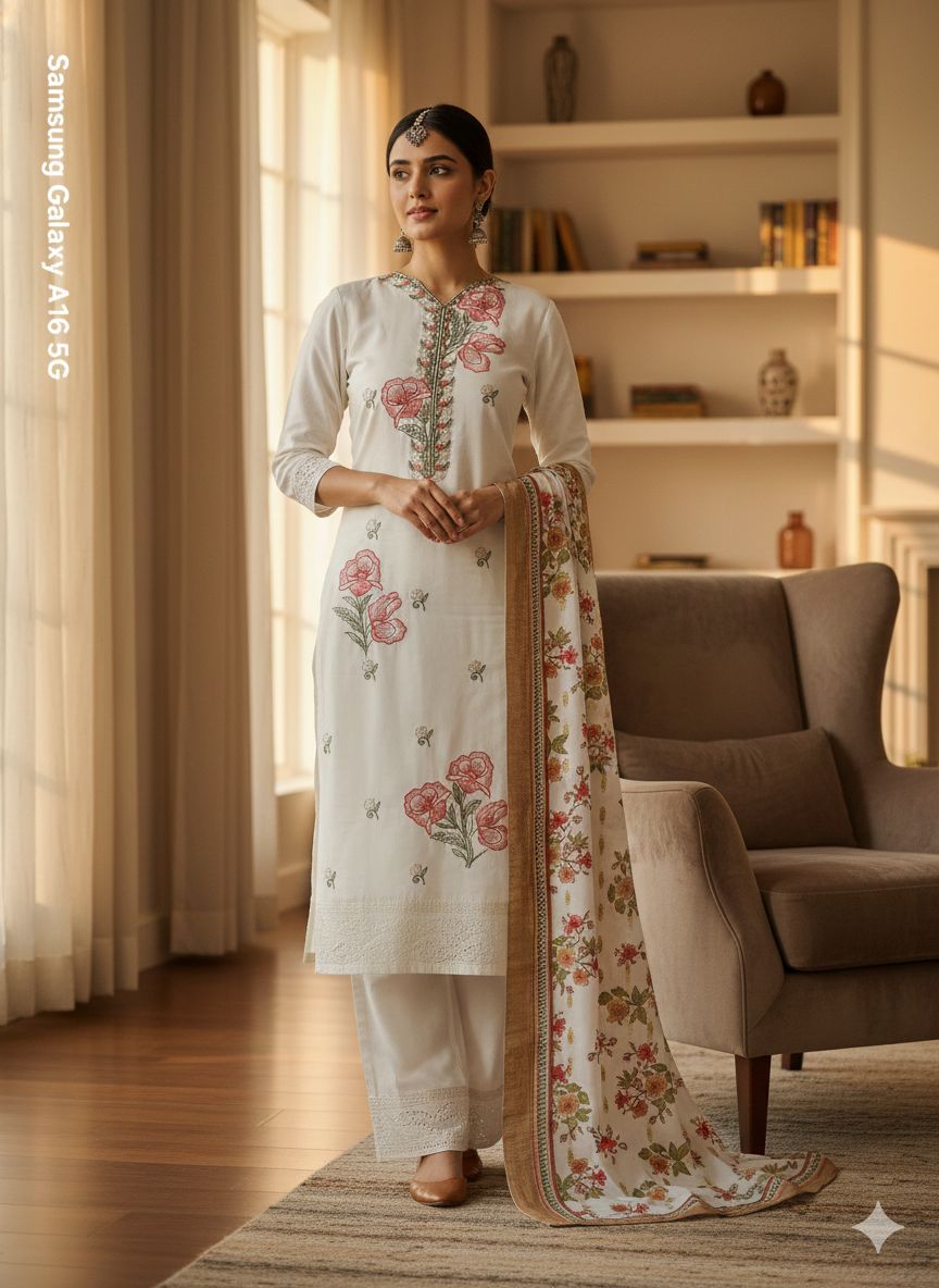 White Floral Embroidered 3 Piece Kurta Set - Premium Office & Festive Wear | Elegant Daily Wear Suit with Golden Border Dupatta