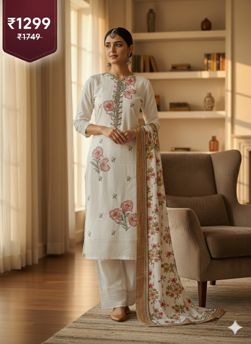 White Floral Embroidered 3 Piece Kurta Set - Premium Office & Festive Wear | Elegant Daily Wear Suit with Golden Border Dupatta