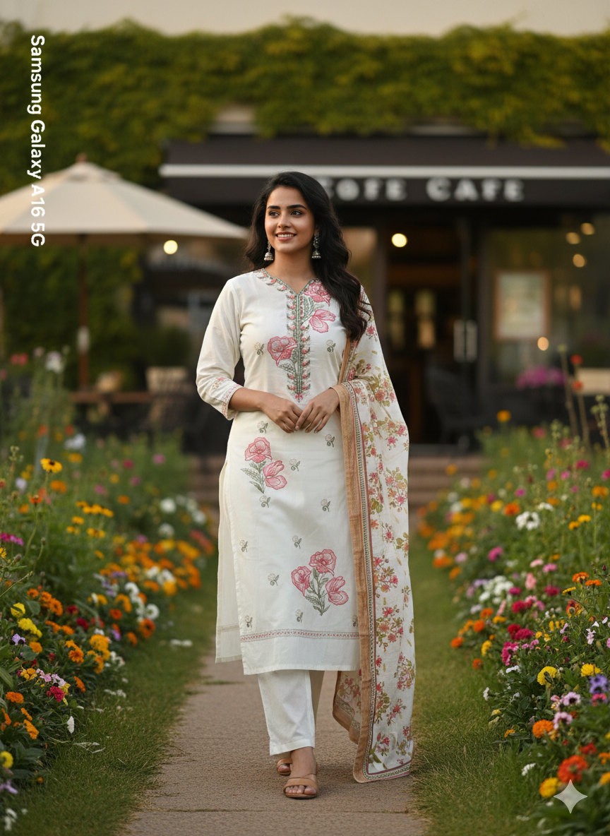 White Floral Embroidered 3 Piece Kurta Set - Premium Office & Festive Wear | Elegant Daily Wear Suit with Golden Border Dupatta
