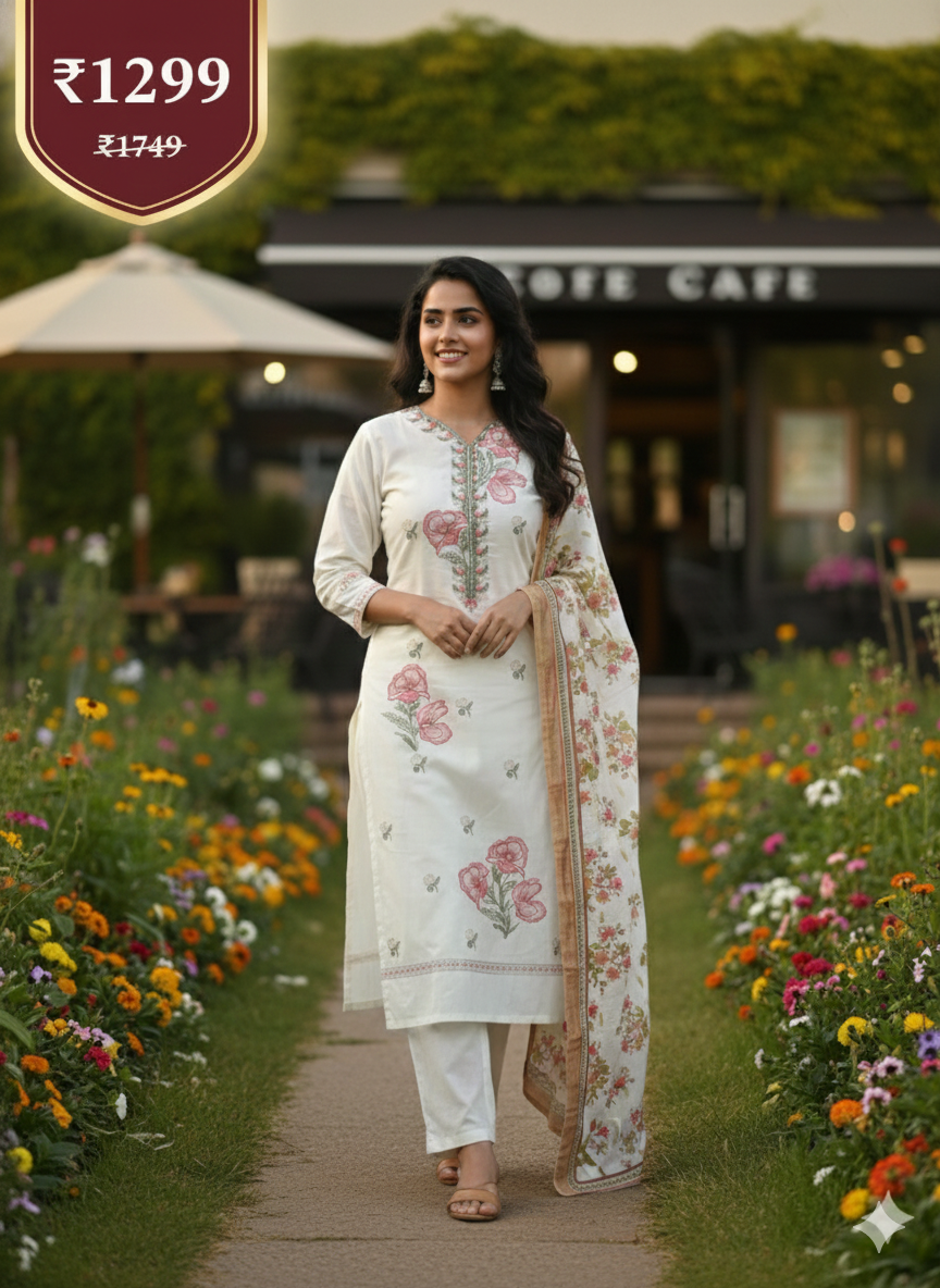 White Floral Embroidered 3 Piece Kurta Set - Premium Office & Festive Wear | Elegant Daily Wear Suit with Golden Border Dupatta
