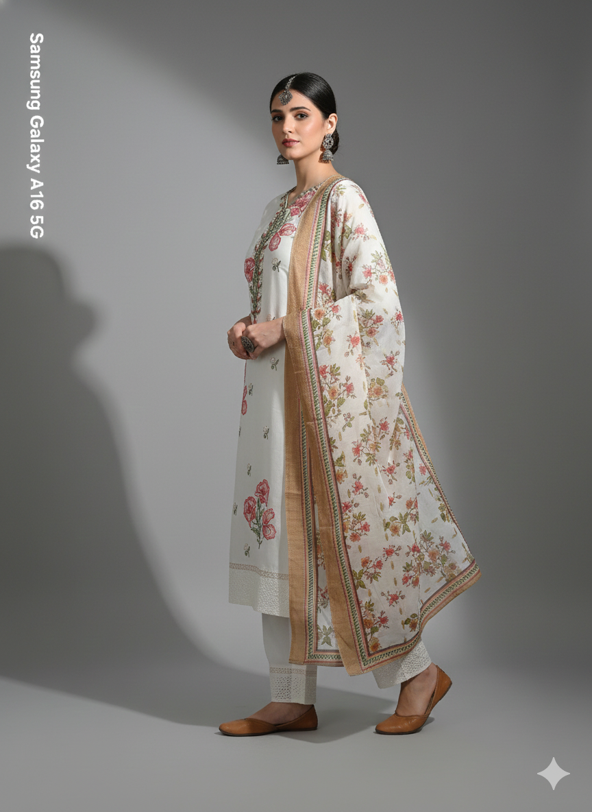 White Floral Embroidered 3 Piece Kurta Set - Premium Office & Festive Wear | Elegant Daily Wear Suit with Golden Border Dupatta