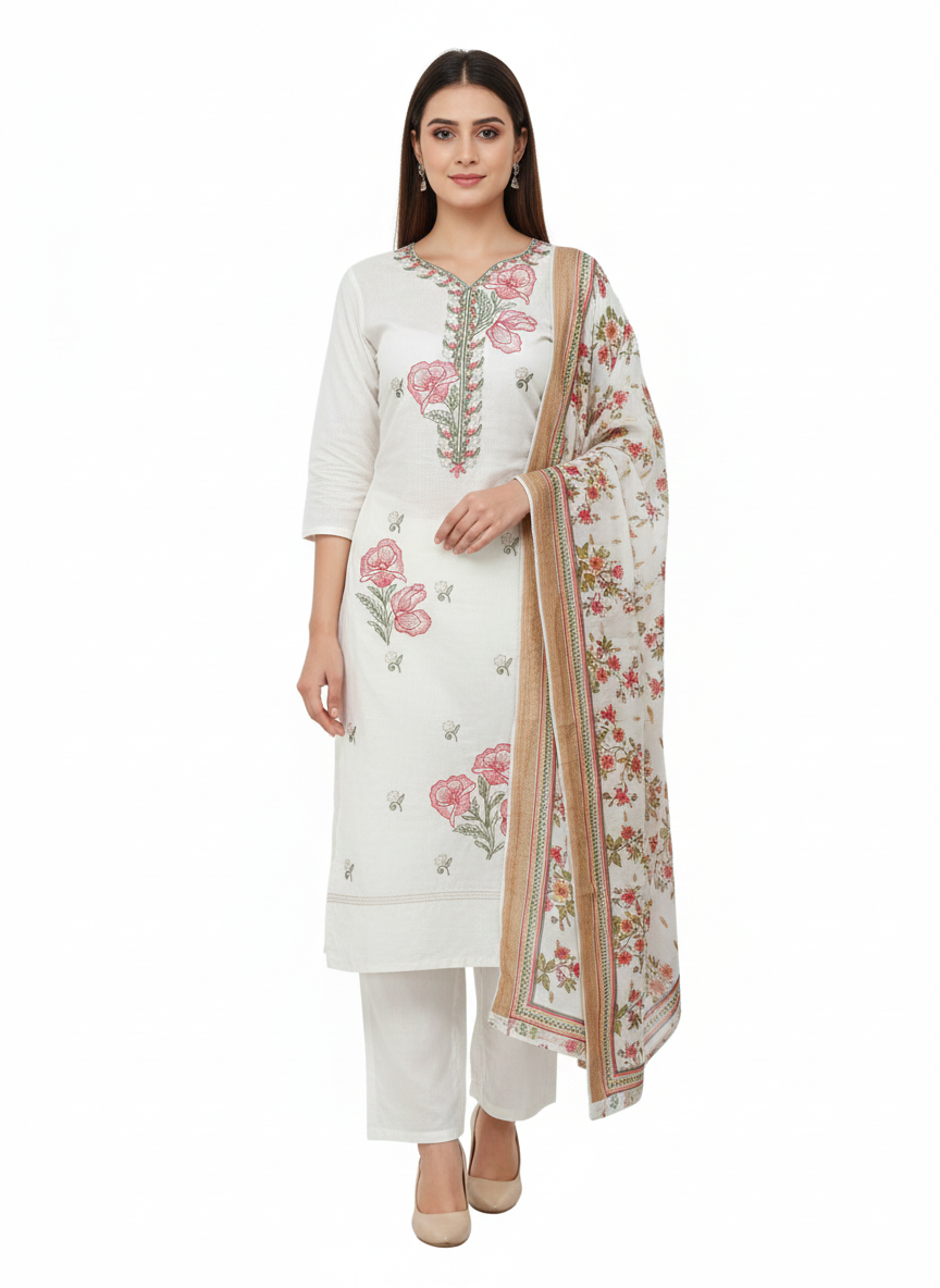 White Floral Embroidered 3 Piece Kurta Set - Premium Office & Festive Wear | Elegant Daily Wear Suit with Golden Border Dupatta