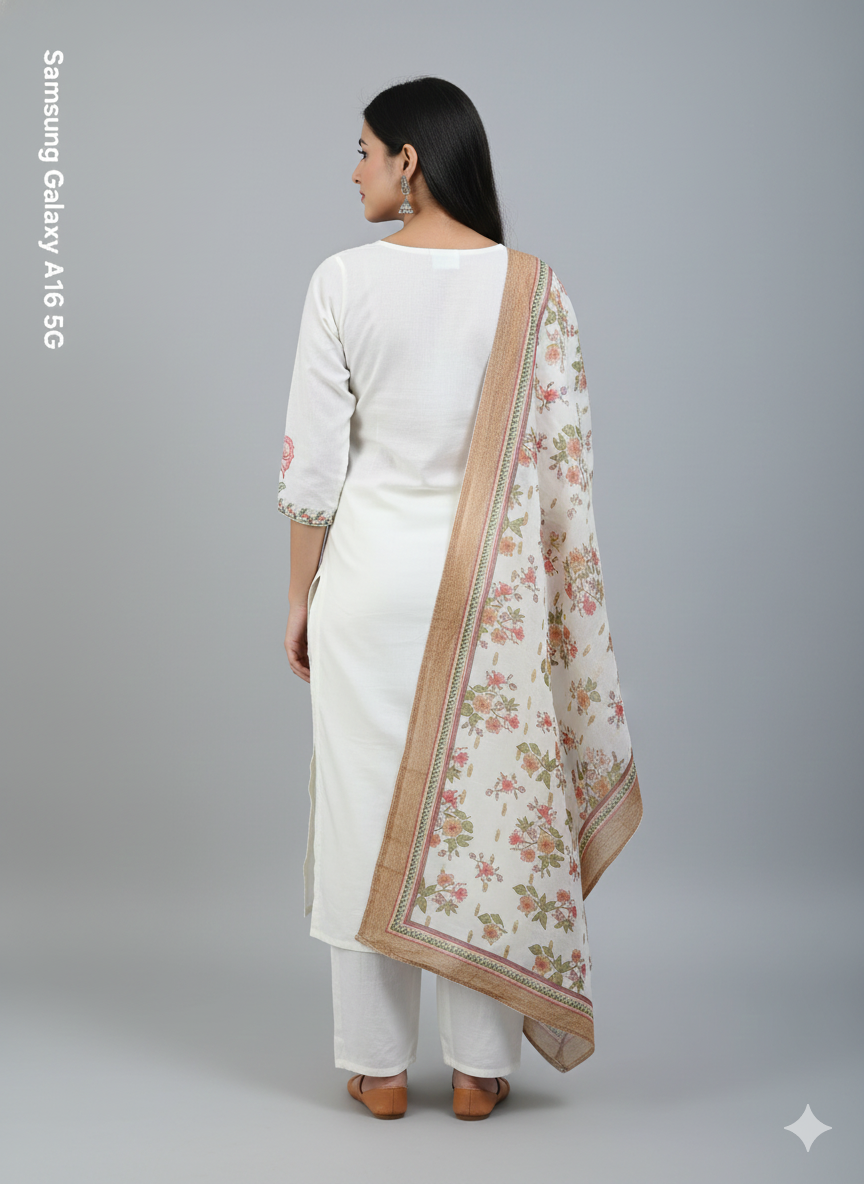 White Floral Embroidered 3 Piece Kurta Set - Premium Office & Festive Wear | Elegant Daily Wear Suit with Golden Border Dupatta