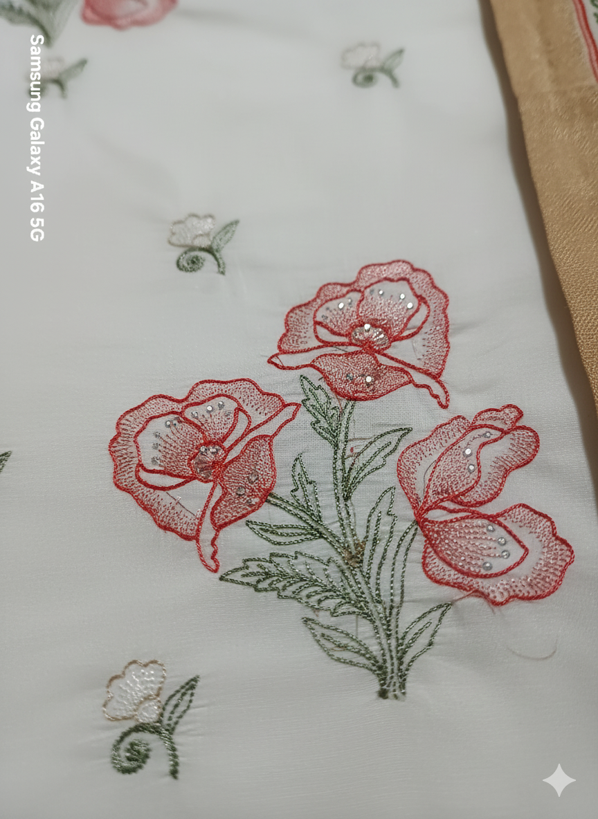 White Floral Embroidered 3 Piece Kurta Set - Premium Office & Festive Wear | Elegant Daily Wear Suit with Golden Border Dupatta