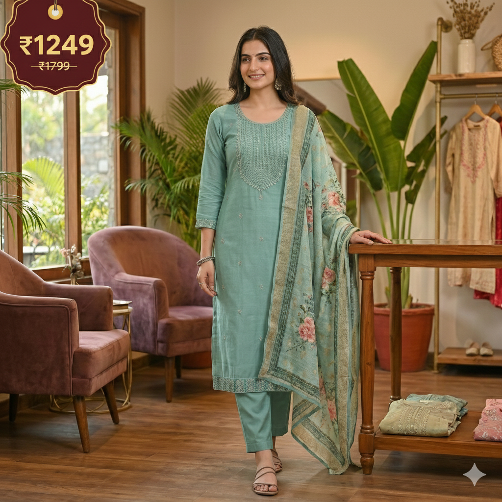 Aqua Blue Embroidered 3-Piece Suit Set for Women – Kurta, Pant & Floral Dupatta | Festive & Ethnic Wear