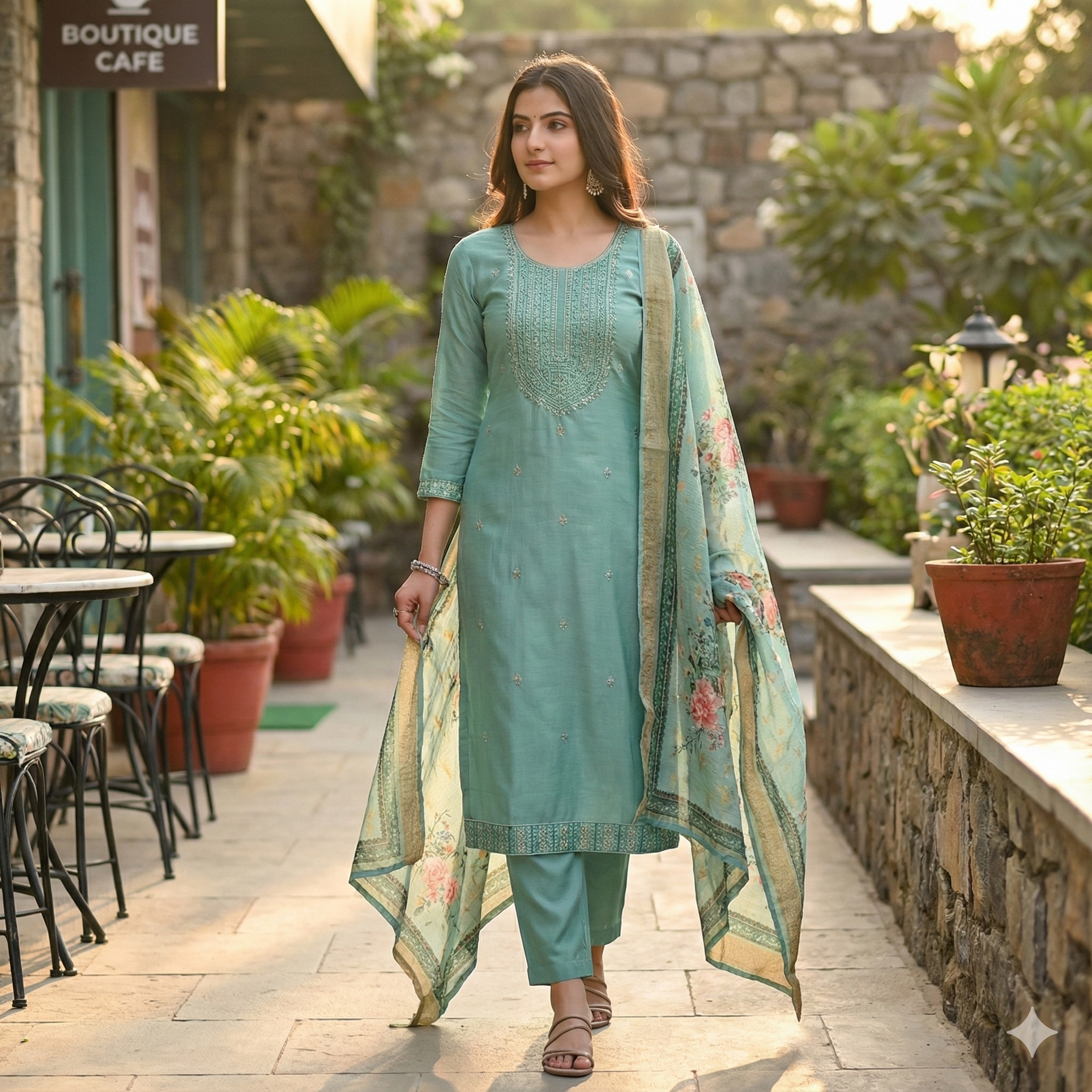 Aqua Blue Embroidered 3-Piece Suit Set for Women – Kurta, Pant & Floral Dupatta | Festive & Ethnic Wear