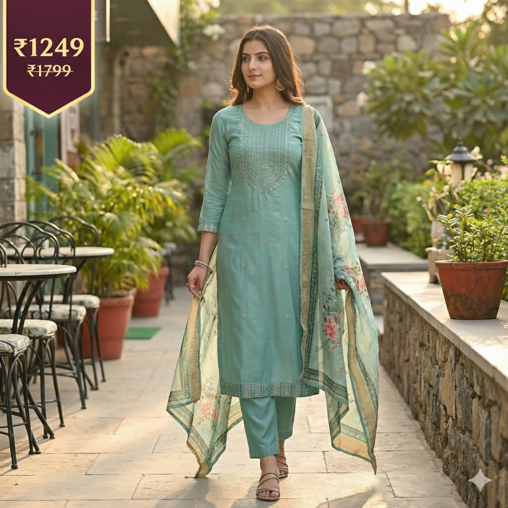 Aqua Blue Embroidered 3-Piece Suit Set for Women – Kurta, Pant & Floral Dupatta | Festive & Ethnic Wear