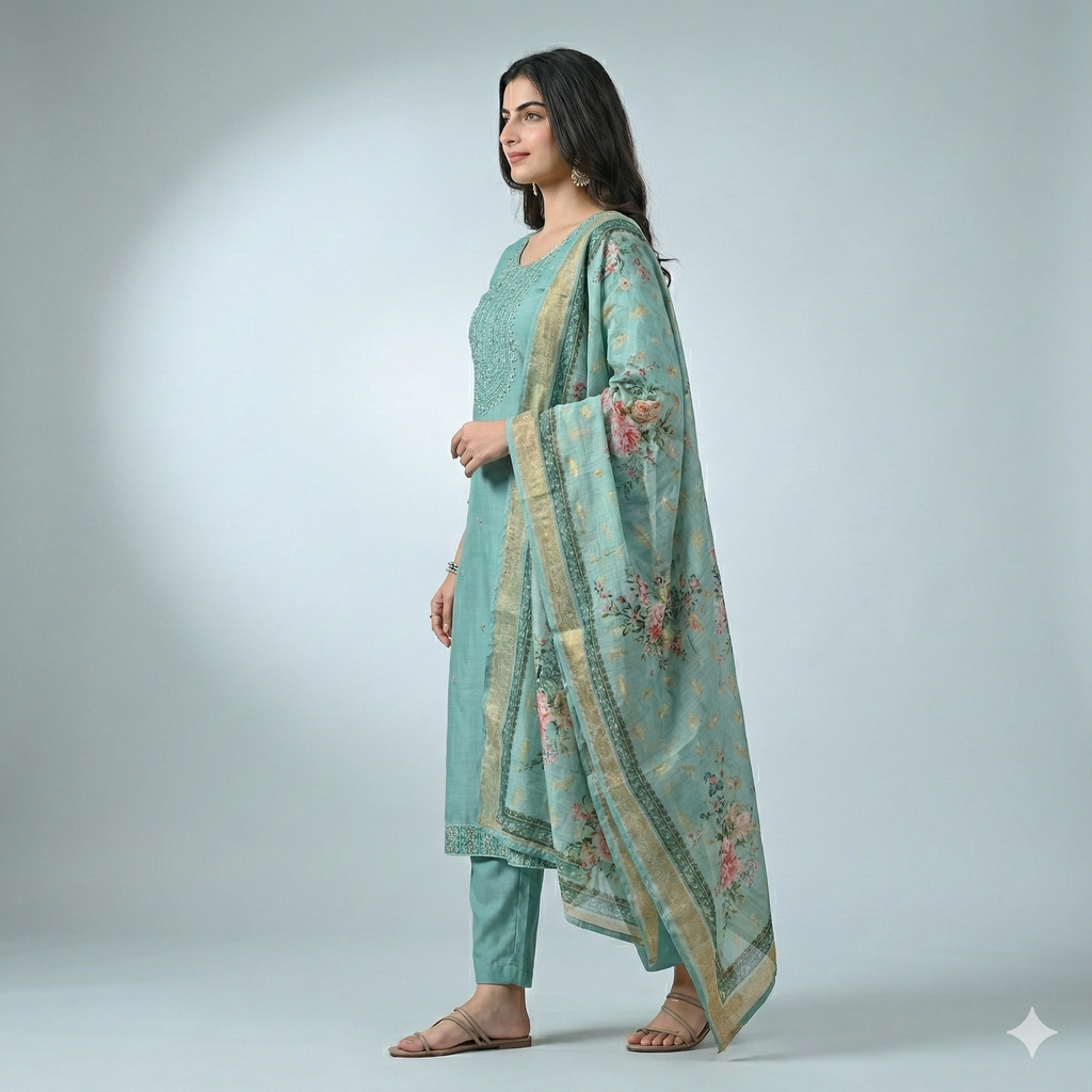 Aqua Blue Embroidered 3-Piece Suit Set for Women – Kurta, Pant & Floral Dupatta | Festive & Ethnic Wear