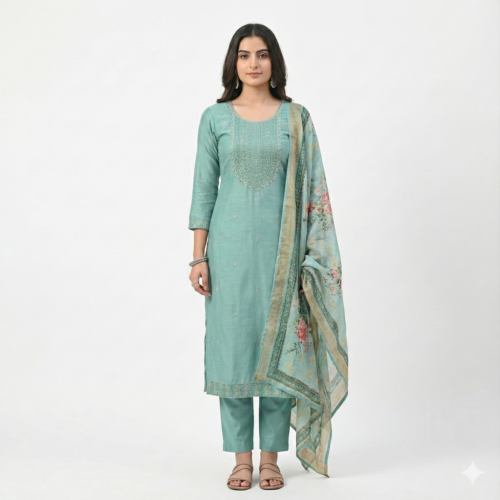 Aqua Blue Embroidered 3-Piece Suit Set for Women – Kurta, Pant & Floral Dupatta | Festive & Ethnic Wear