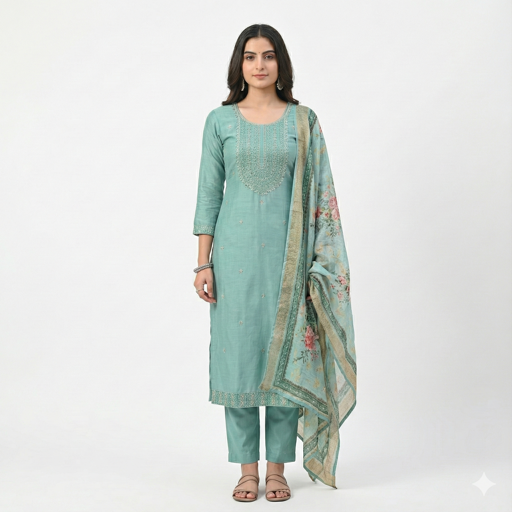 Aqua Blue Embroidered 3-Piece Suit Set for Women – Kurta, Pant & Floral Dupatta | Festive & Ethnic Wear