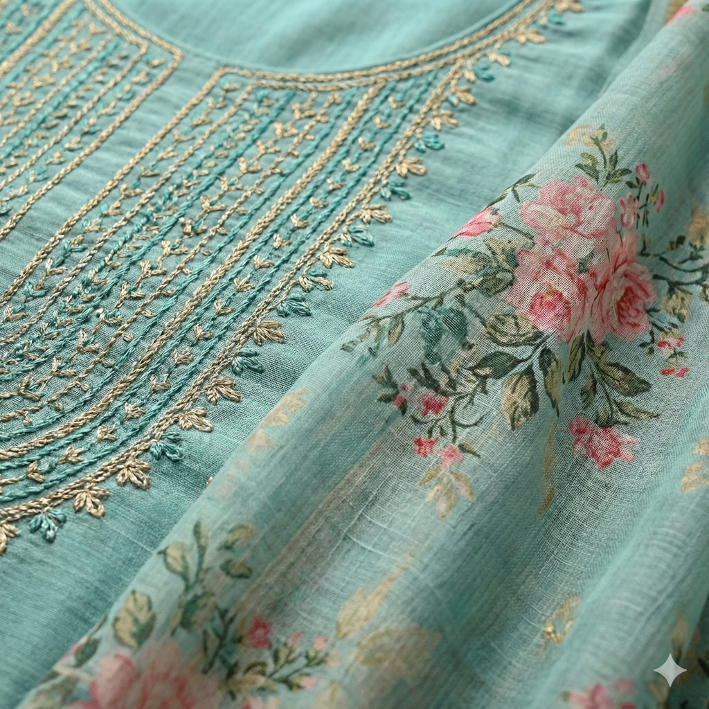 Aqua Blue Embroidered 3-Piece Suit Set for Women – Kurta, Pant & Floral Dupatta | Festive & Ethnic Wear