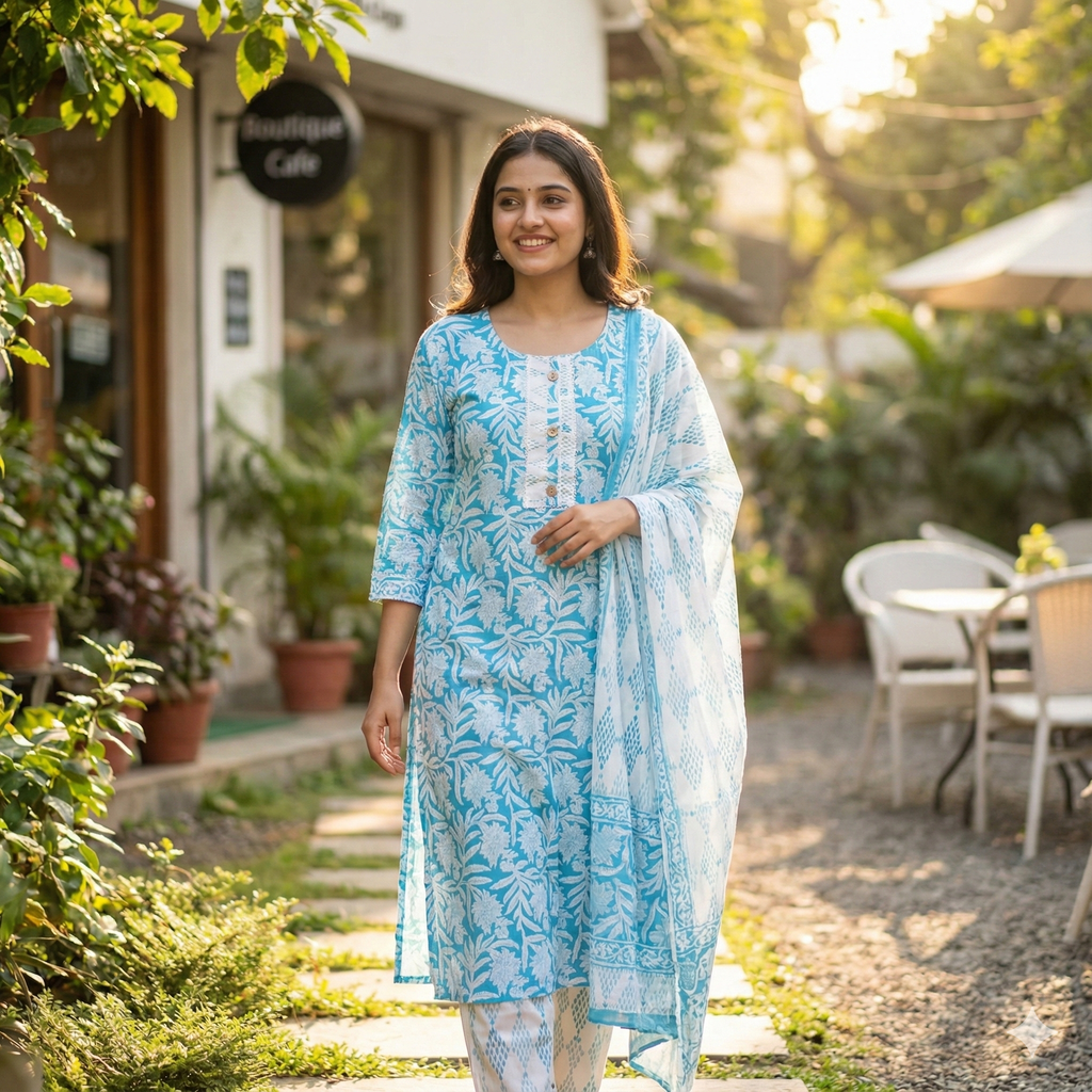 Aqua Blue Floral Printed 3-Piece Kurta Pant Dupatta Set for Women | Soft Cotton Ethnic Wear