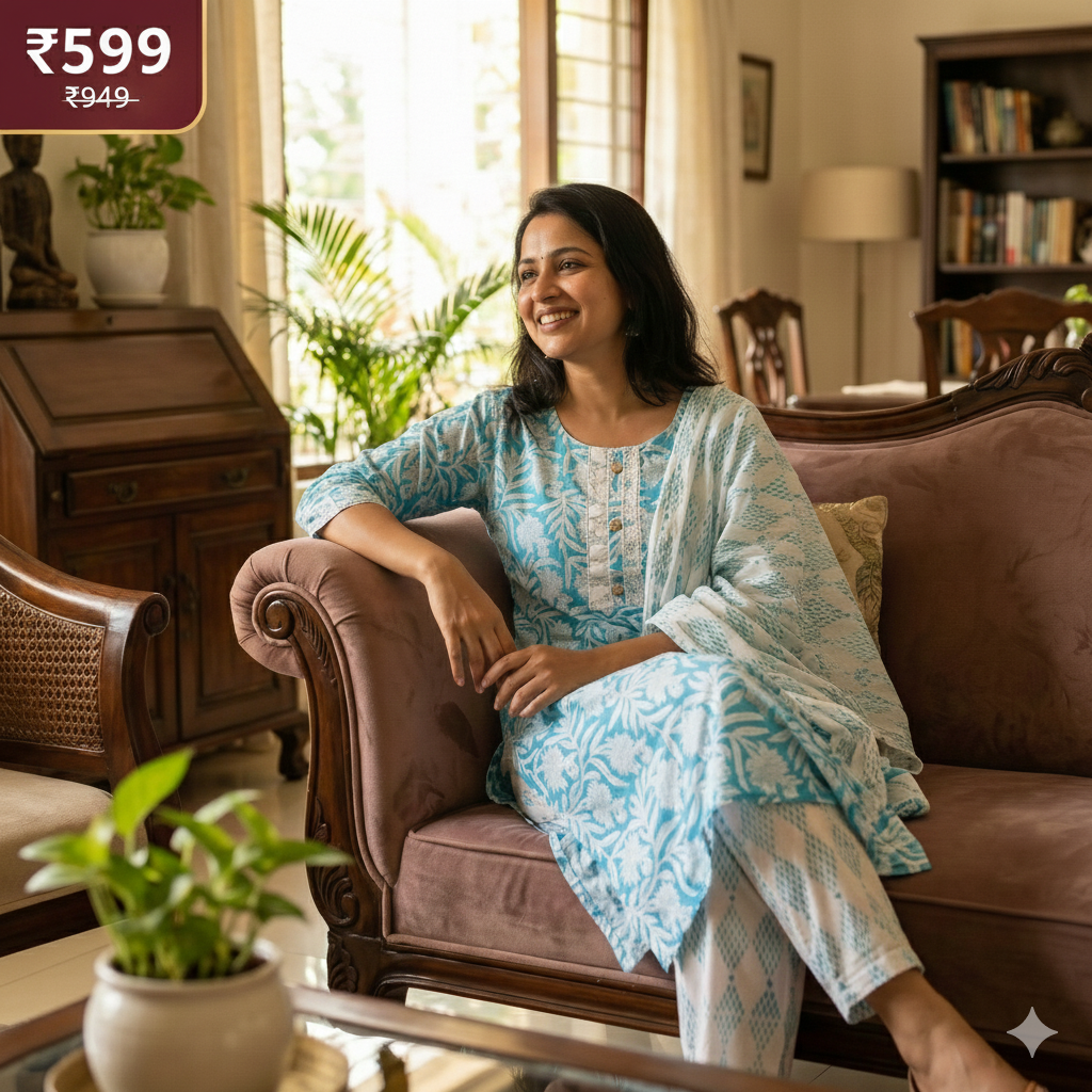 Aqua Blue Floral Printed 3-Piece Kurta Pant Dupatta Set for Women | Soft Cotton Ethnic Wear