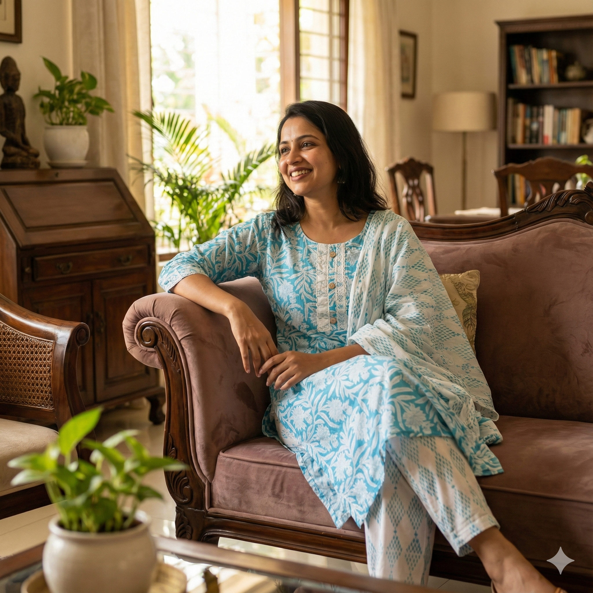 Aqua Blue Floral Printed 3-Piece Kurta Pant Dupatta Set for Women | Soft Cotton Ethnic Wear