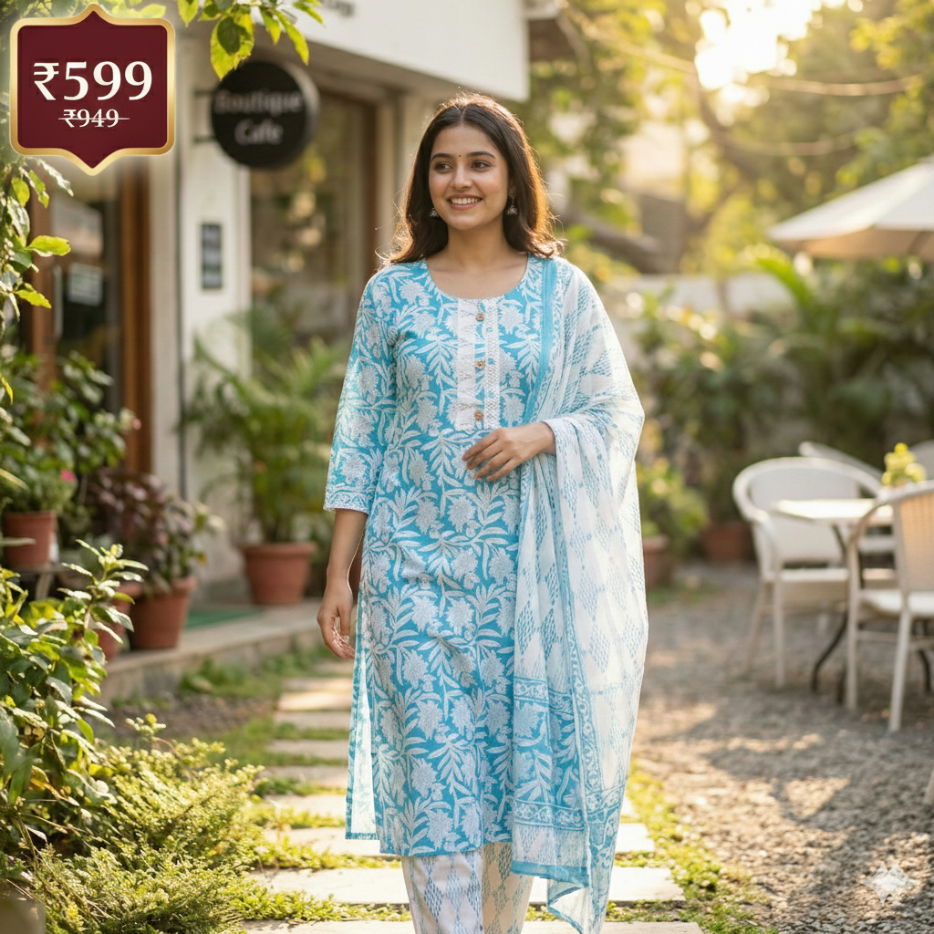 Aqua Blue Floral Printed 3-Piece Kurta Pant Dupatta Set for Women | Soft Cotton Ethnic Wear