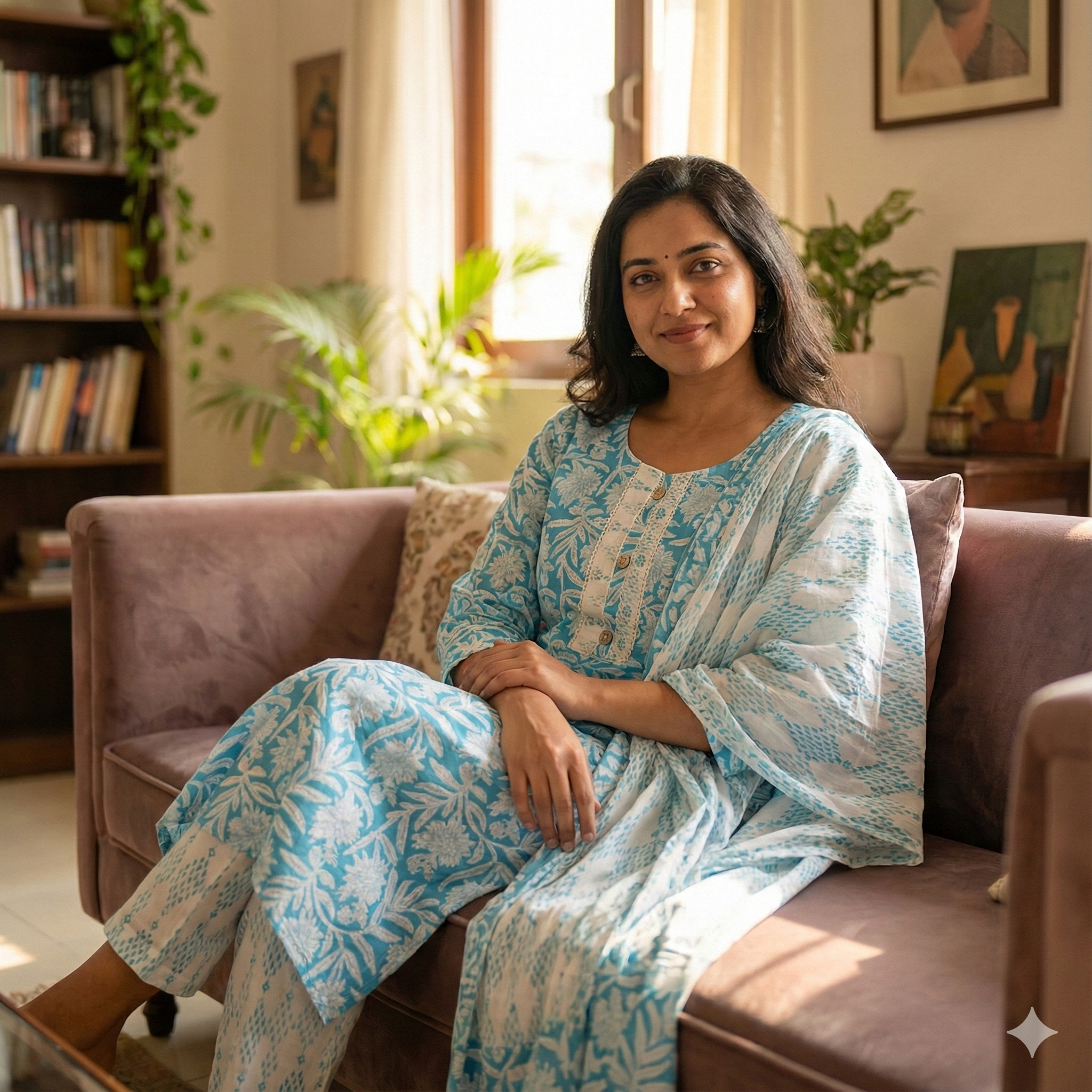 Aqua Blue Floral Printed 3-Piece Kurta Pant Dupatta Set for Women | Soft Cotton Ethnic Wear