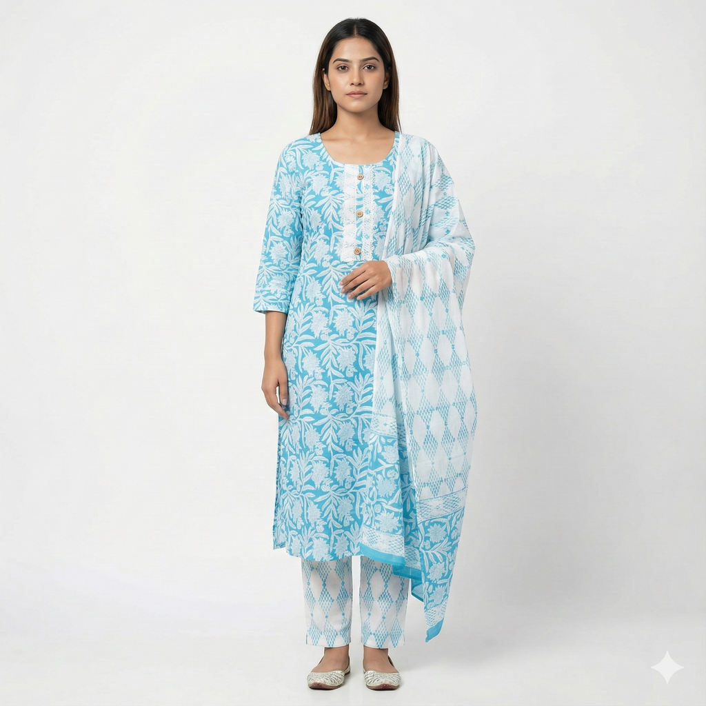 Aqua Blue Floral Printed 3-Piece Kurta Pant Dupatta Set for Women | Soft Cotton Ethnic Wear