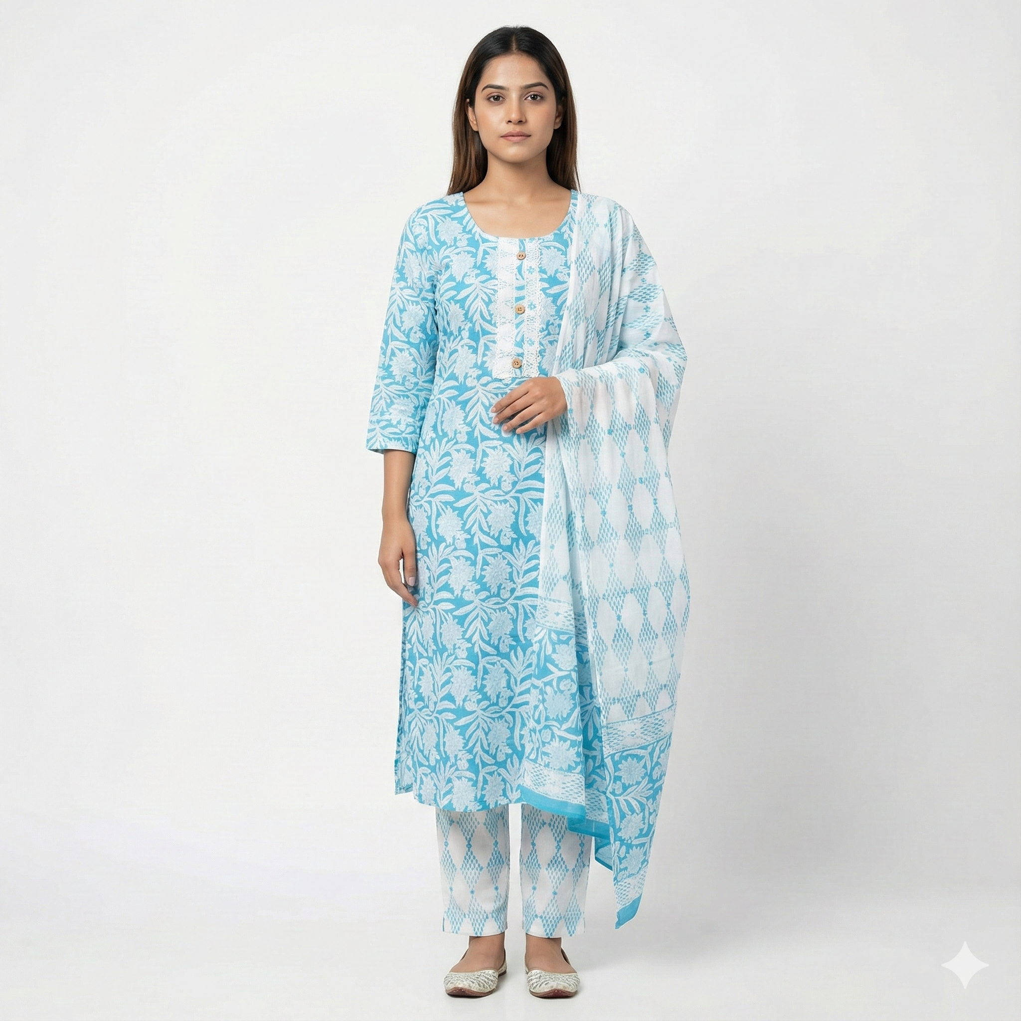 Aqua Blue Floral Printed 3-Piece Kurta Pant Dupatta Set for Women | Soft Cotton Ethnic Wear