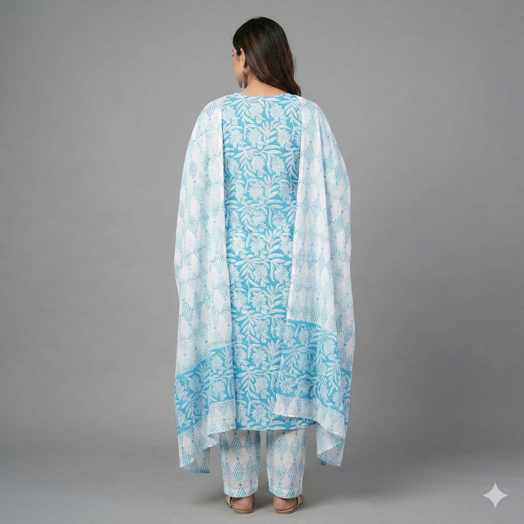 Aqua Blue Floral Printed 3-Piece Kurta Pant Dupatta Set for Women | Soft Cotton Ethnic Wear