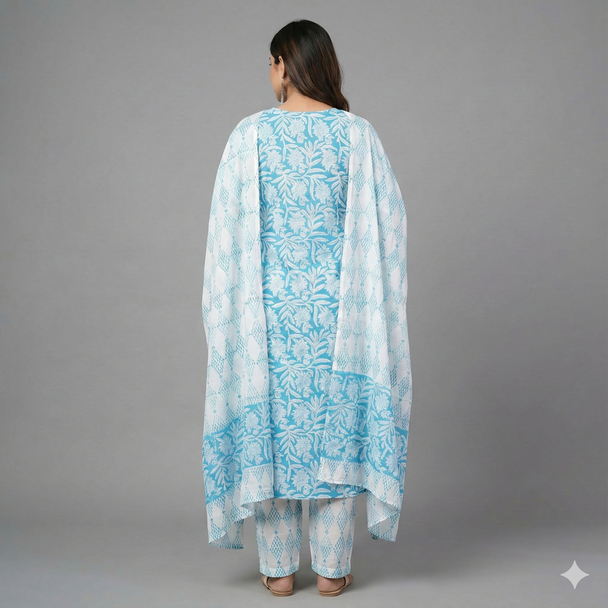 Aqua Blue Floral Printed 3-Piece Kurta Pant Dupatta Set for Women | Soft Cotton Ethnic Wear