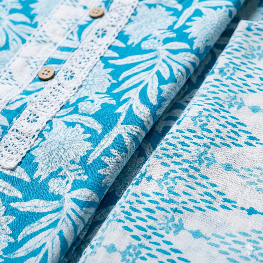 Aqua Blue Floral Printed 3-Piece Kurta Pant Dupatta Set for Women | Soft Cotton Ethnic Wear