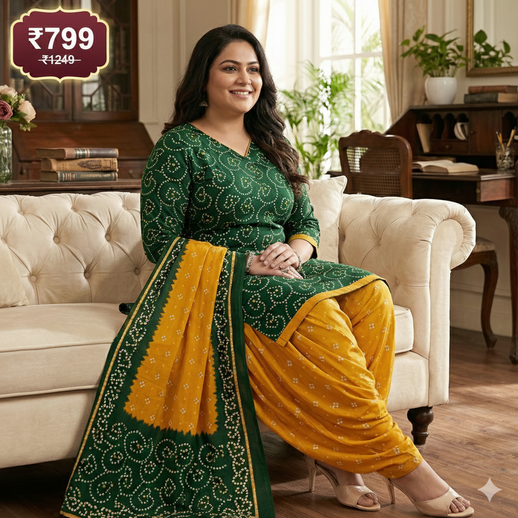 Green & Mustard Bandhani Printed 3-Piece Suit Set for Women (5XL) – Kurta, Patiala Pant & Dupatta