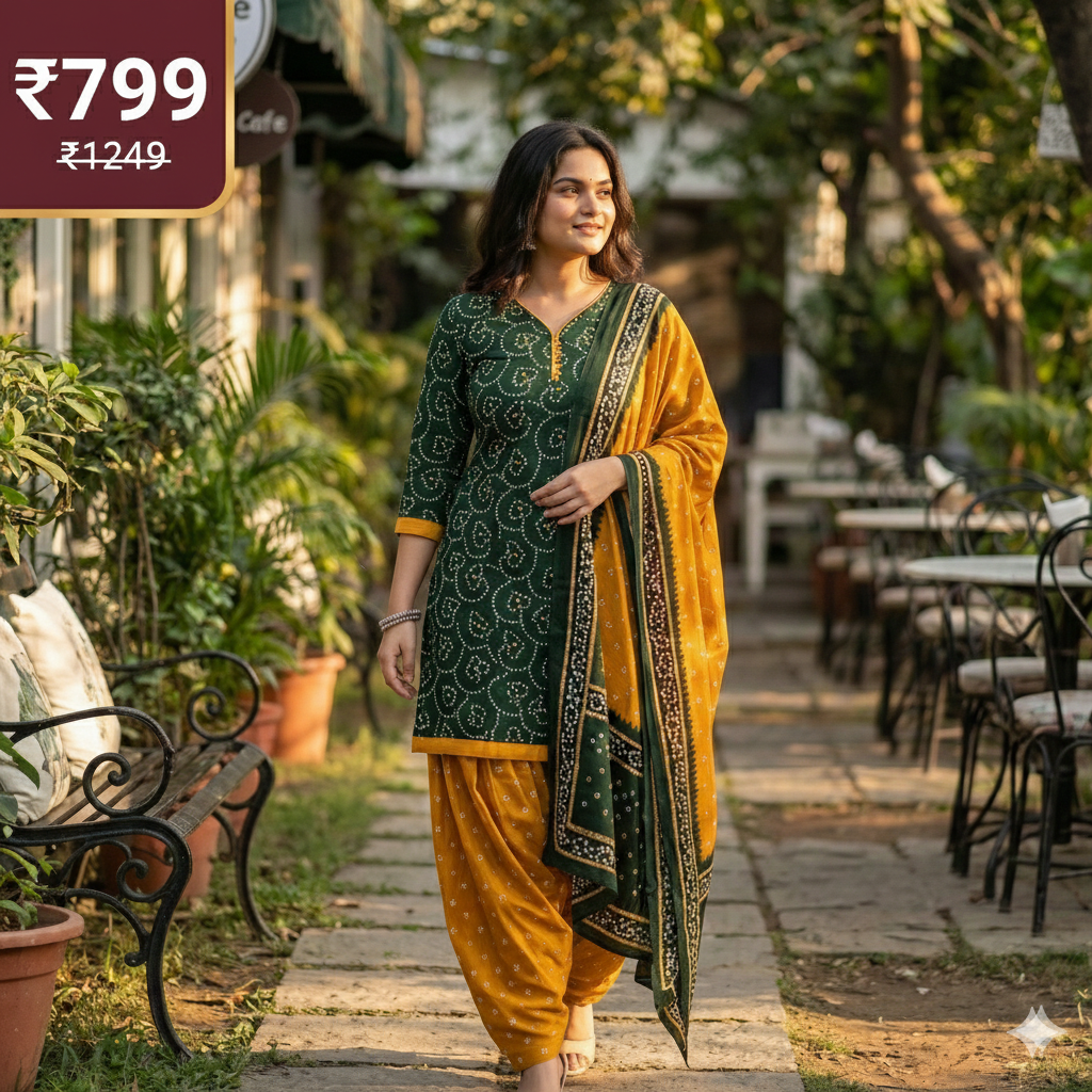 Green & Mustard Bandhani Printed 3-Piece Suit Set for Women (5XL) – Kurta, Patiala Pant & Dupatta