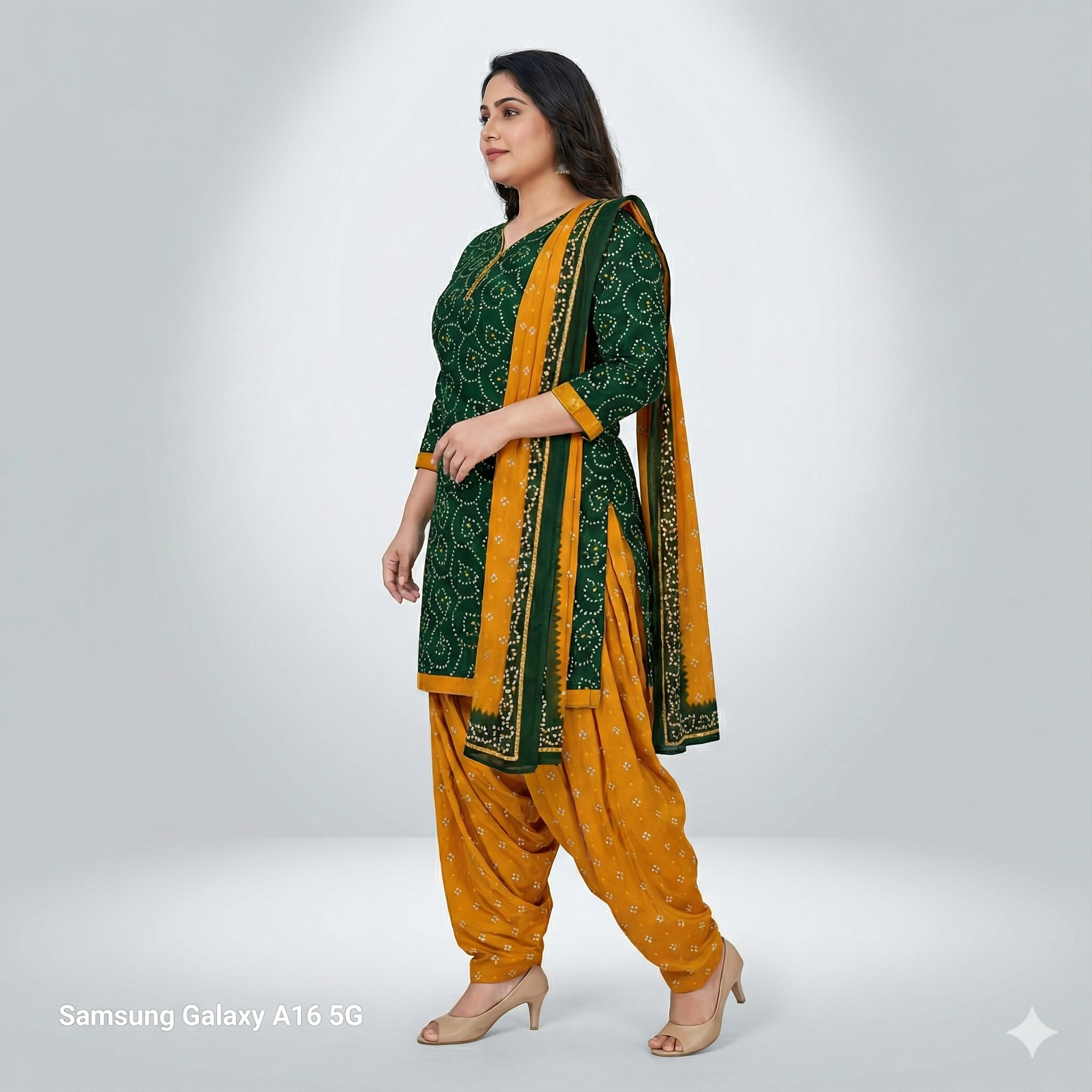 Green & Mustard Bandhani Printed 3-Piece Suit Set for Women (5XL) – Kurta, Patiala Pant & Dupatta