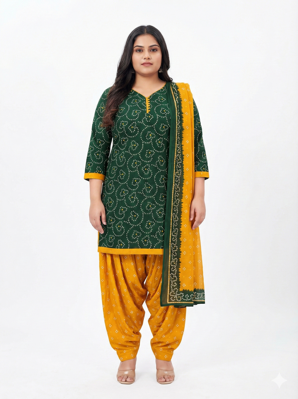 Green & Mustard Bandhani Printed 3-Piece Suit Set for Women (5XL) – Kurta, Patiala Pant & Dupatta
