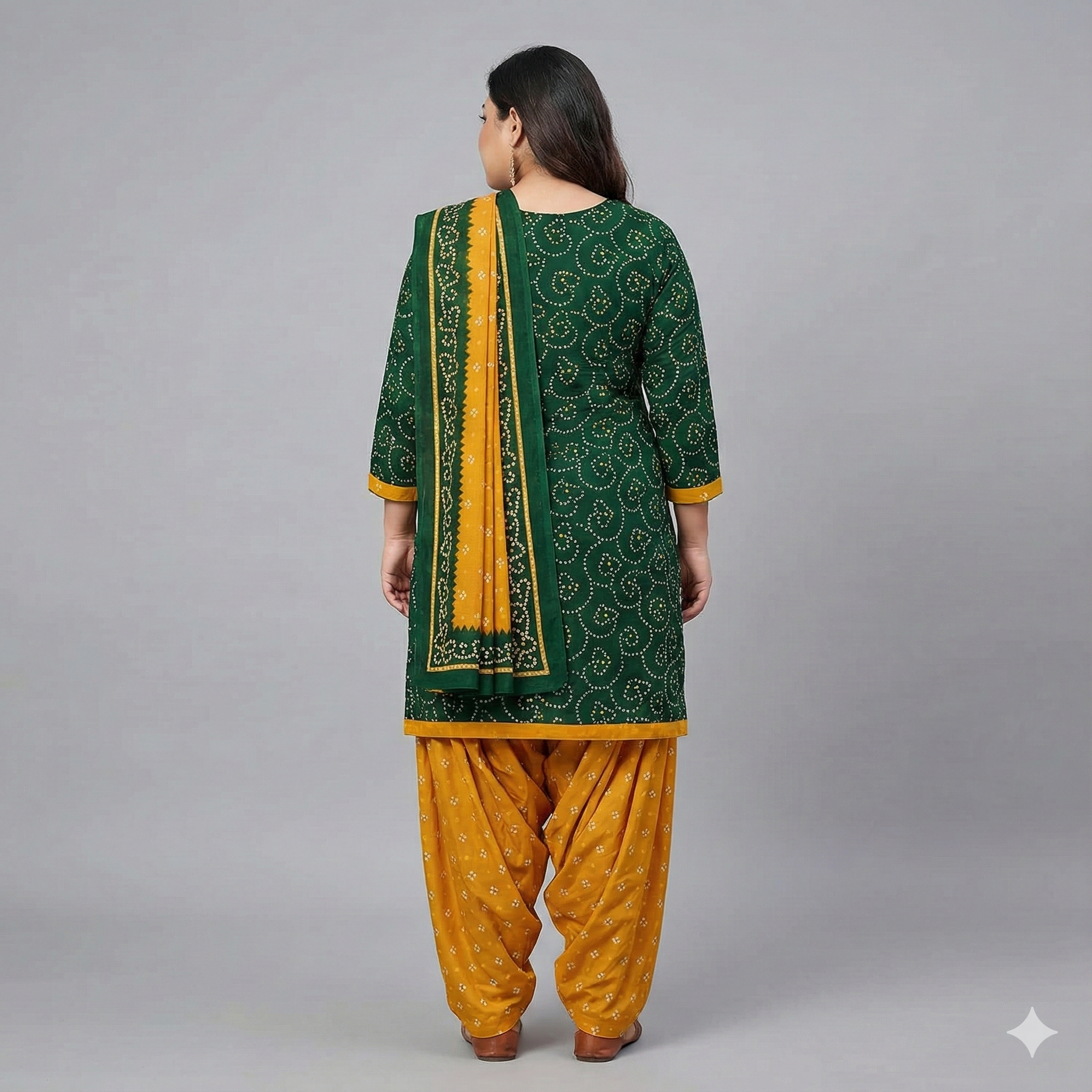Green & Mustard Bandhani Printed 3-Piece Suit Set for Women (5XL) – Kurta, Patiala Pant & Dupatta