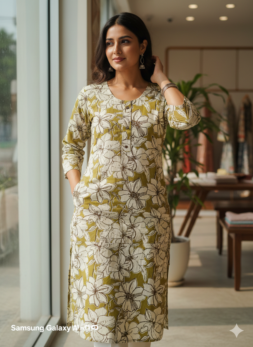 Plus Size Mustard Olive Floral Printed Cotton Straight Kurti for Women (3XL–5XL) | Daily Wear Comfortable Long Kurti