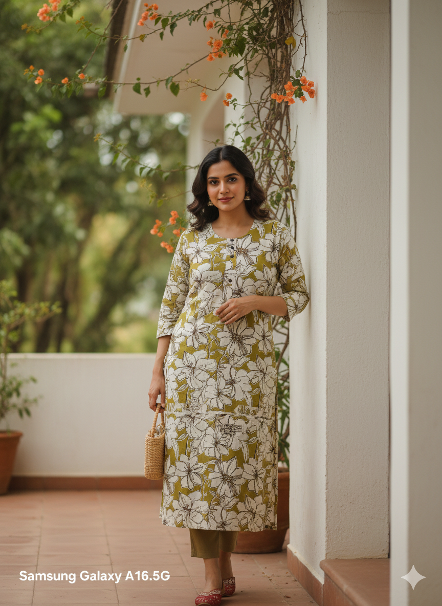 Plus Size Mustard Olive Floral Printed Cotton Straight Kurti for Women (3XL–5XL) | Daily Wear Comfortable Long Kurti