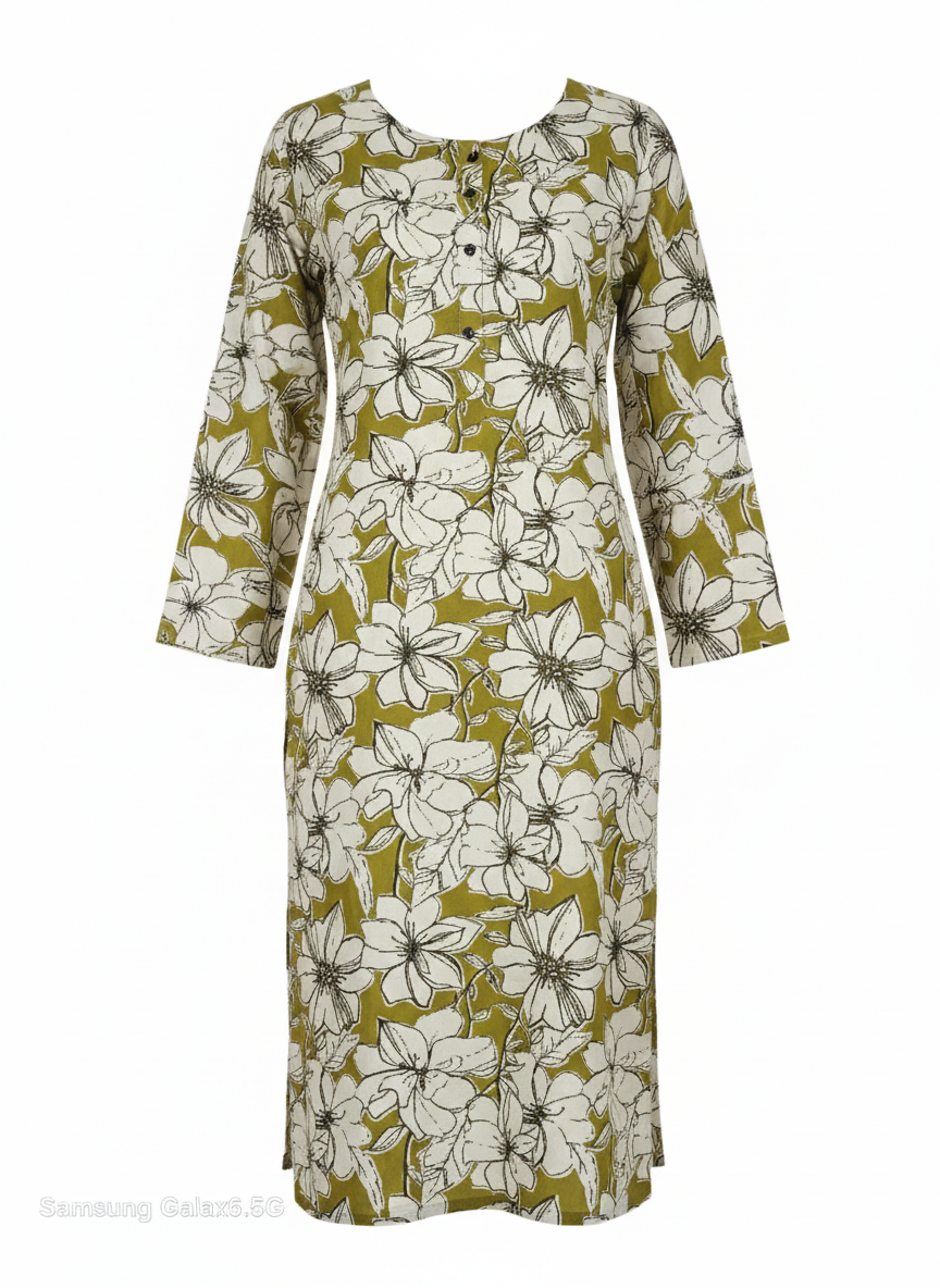 Plus Size Mustard Olive Floral Printed Cotton Straight Kurti for Women (3XL–5XL) | Daily Wear Comfortable Long Kurti