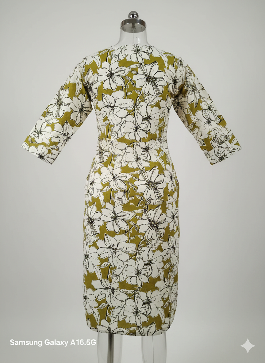 Plus Size Mustard Olive Floral Printed Cotton Straight Kurti for Women (3XL–5XL) | Daily Wear Comfortable Long Kurti